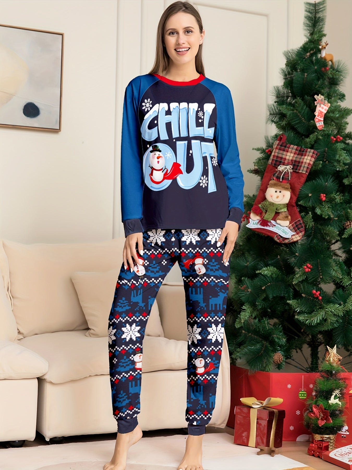 Christmas Print Pajama Set Long Sleeve Top & Pants Women's Sleepwear