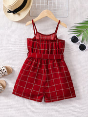 Toddlr Grls Plaid Graphic Belted Cami Romprs Jumpsuits Bch Vctn Kids Summr Clths