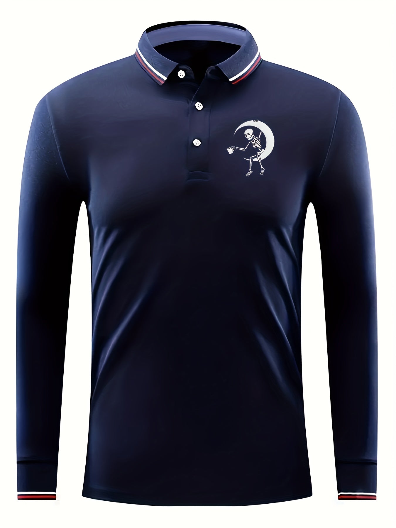 Skeleton On The Moon Pattern Men's Long Sleeve Polo Shirt