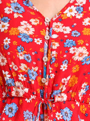 Floral Print Drawstring Waist Romper Jumpsuit Casual Half Sleeve Button Romper