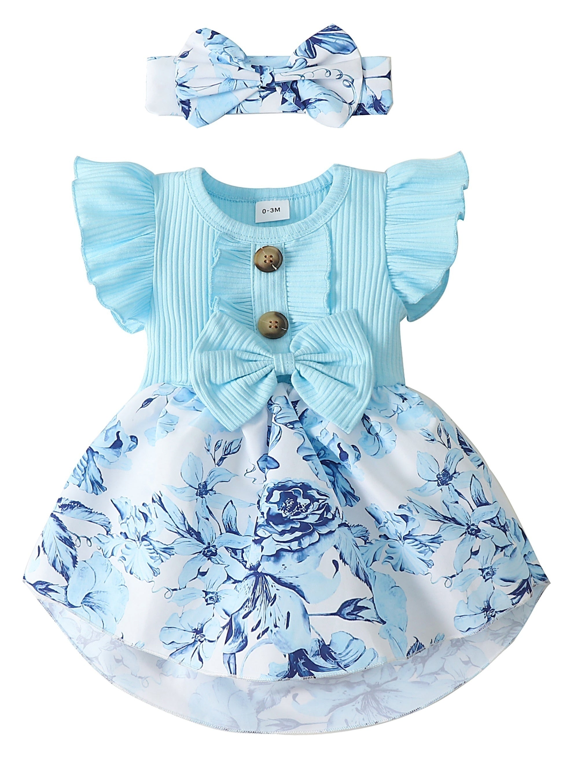 Floral Print Dress & Headband Set for Baby Girls