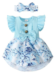 Floral Print Dress & Headband Set for Baby Girls