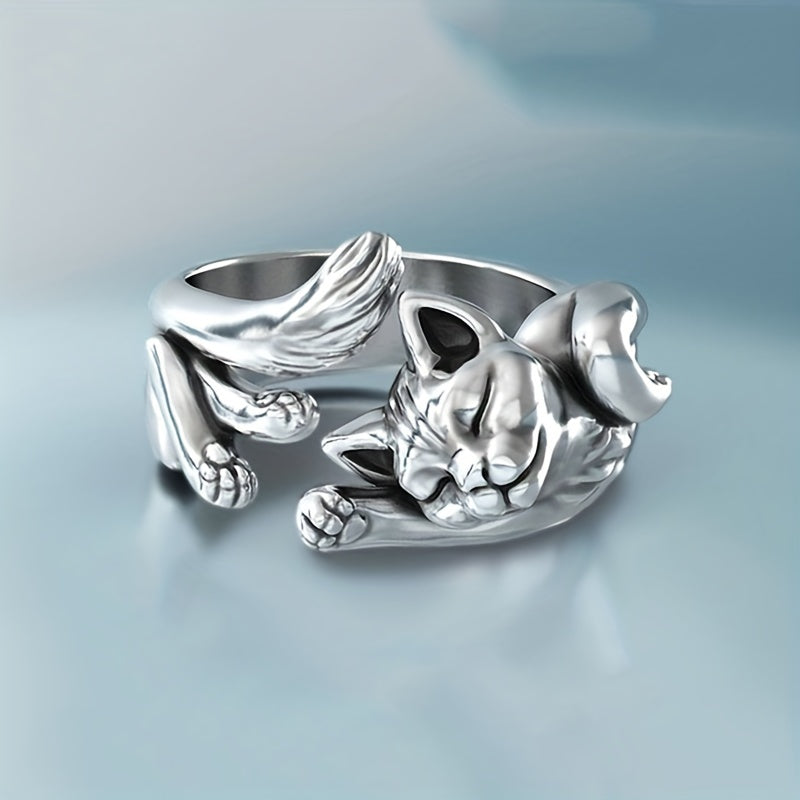 Vintage Silver Plated Cat Totem Ring - Kitty Opening Cat Ring