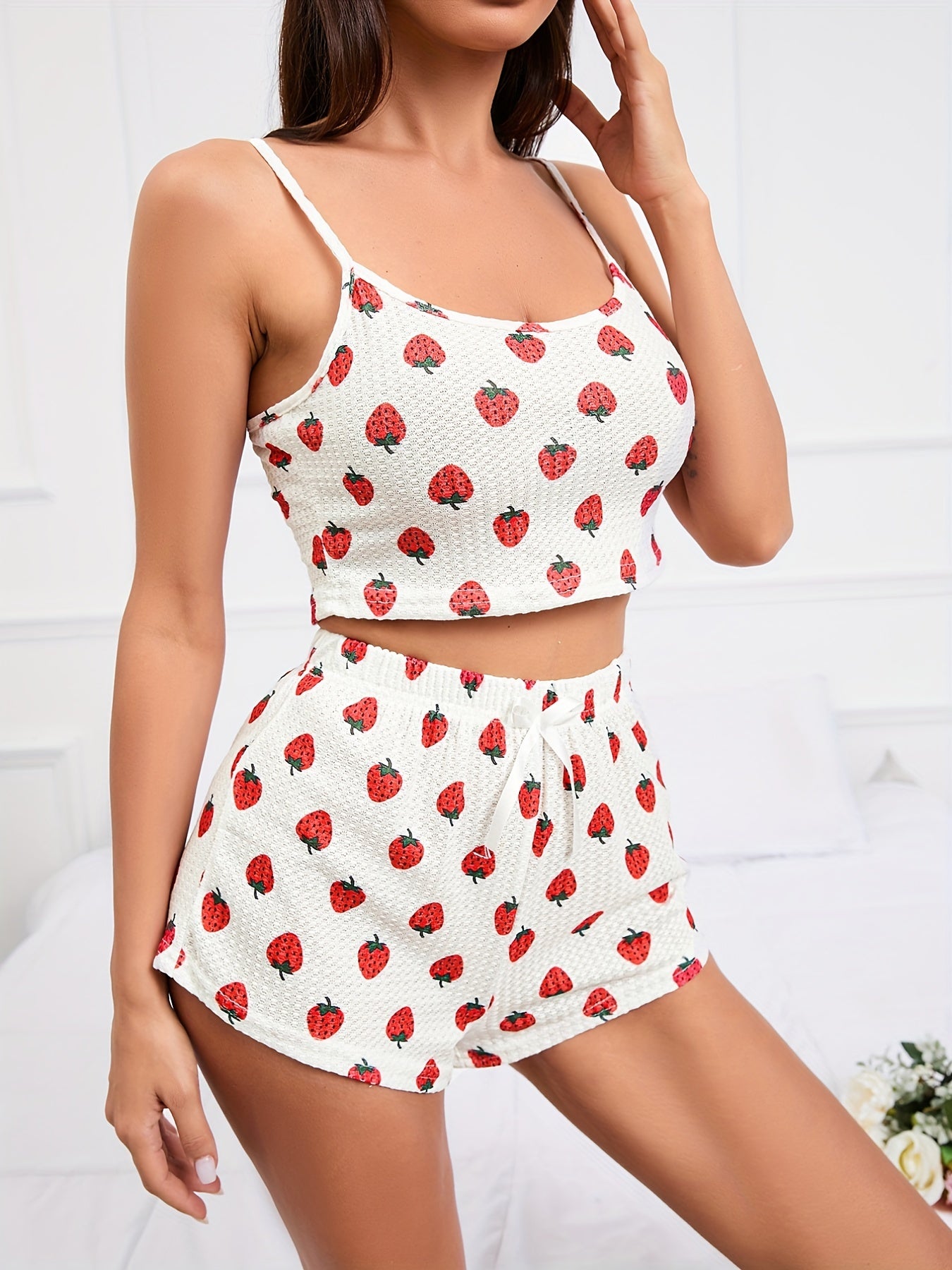 Women's Strawberry Print Waffle Pajama Set