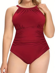 Sexy Swimsuit Solid Ruched Cut Out Back One Piece Bathing Suit