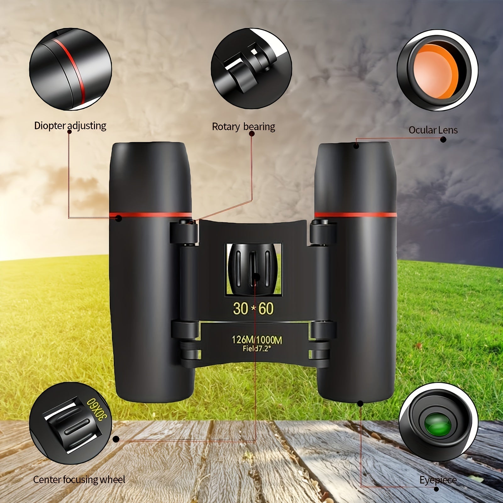 30x60 HD Portable Binoculars BAK4 Prism Waterproof Bird Watching