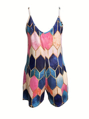 Colorblock Geometric Print Cami Romper