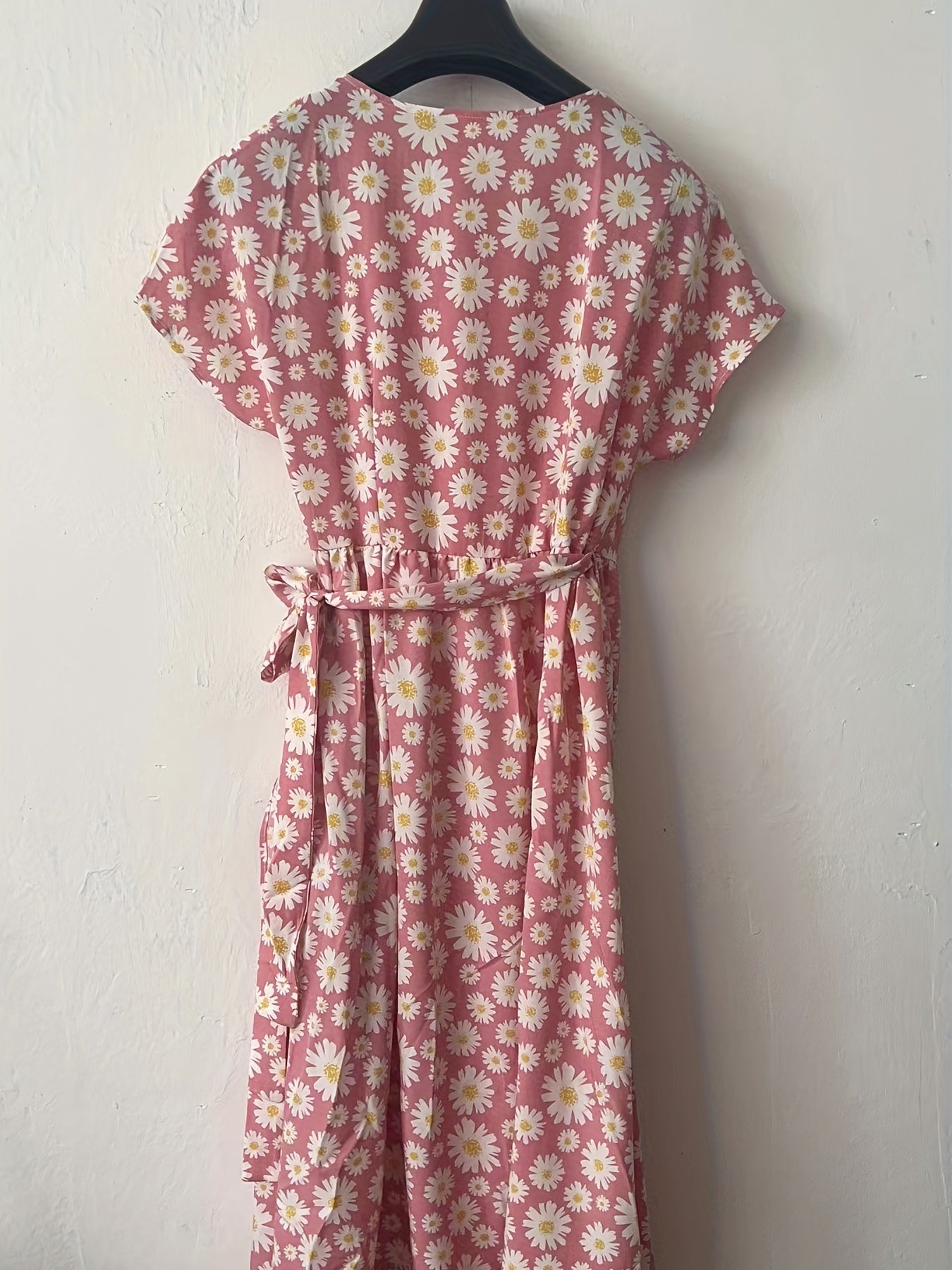 Floral Wrap Belted Dress V Neck Short Sleeve Women's Clothing