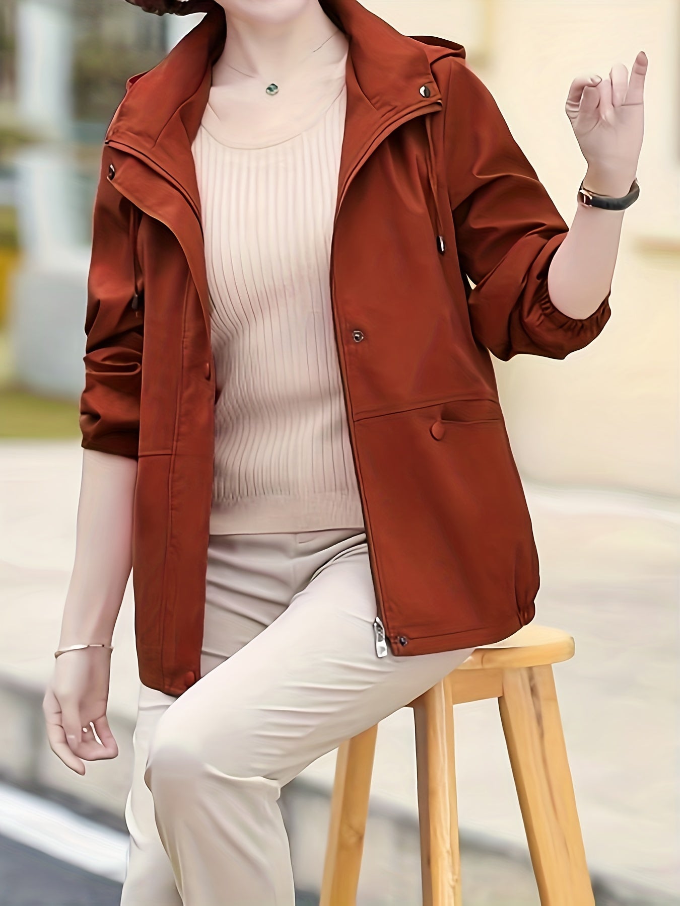 Drawstring Zip Up Hooded Jacket Spring & Fall