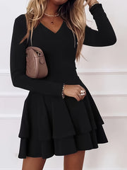 Solid Long Sleeve V Neck Layered Dress