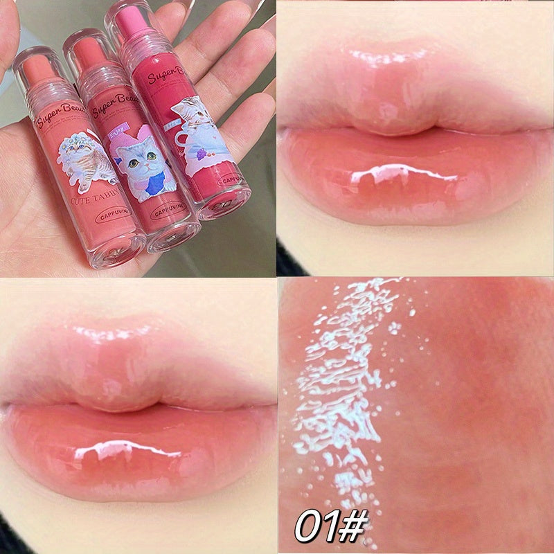 Cat Print 6 Jelly Lip Gloss Long Lasting Dew Sparkle Transparent Film