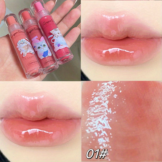 Cat Print 6 Jelly Lip Gloss Long Lasting Dew Sparkle Transparent Film