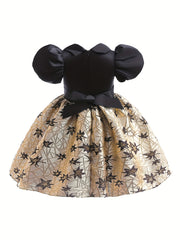 Girls Vintage Jacquard Puff Sleeve Dress