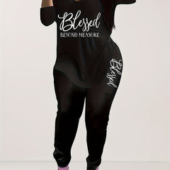 Letter Print V Neck 3 4 Sleeve T Shirt Top & Long Pants Set