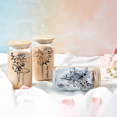 Birth Flower Glass Cup With Straw And Cleaning Brush