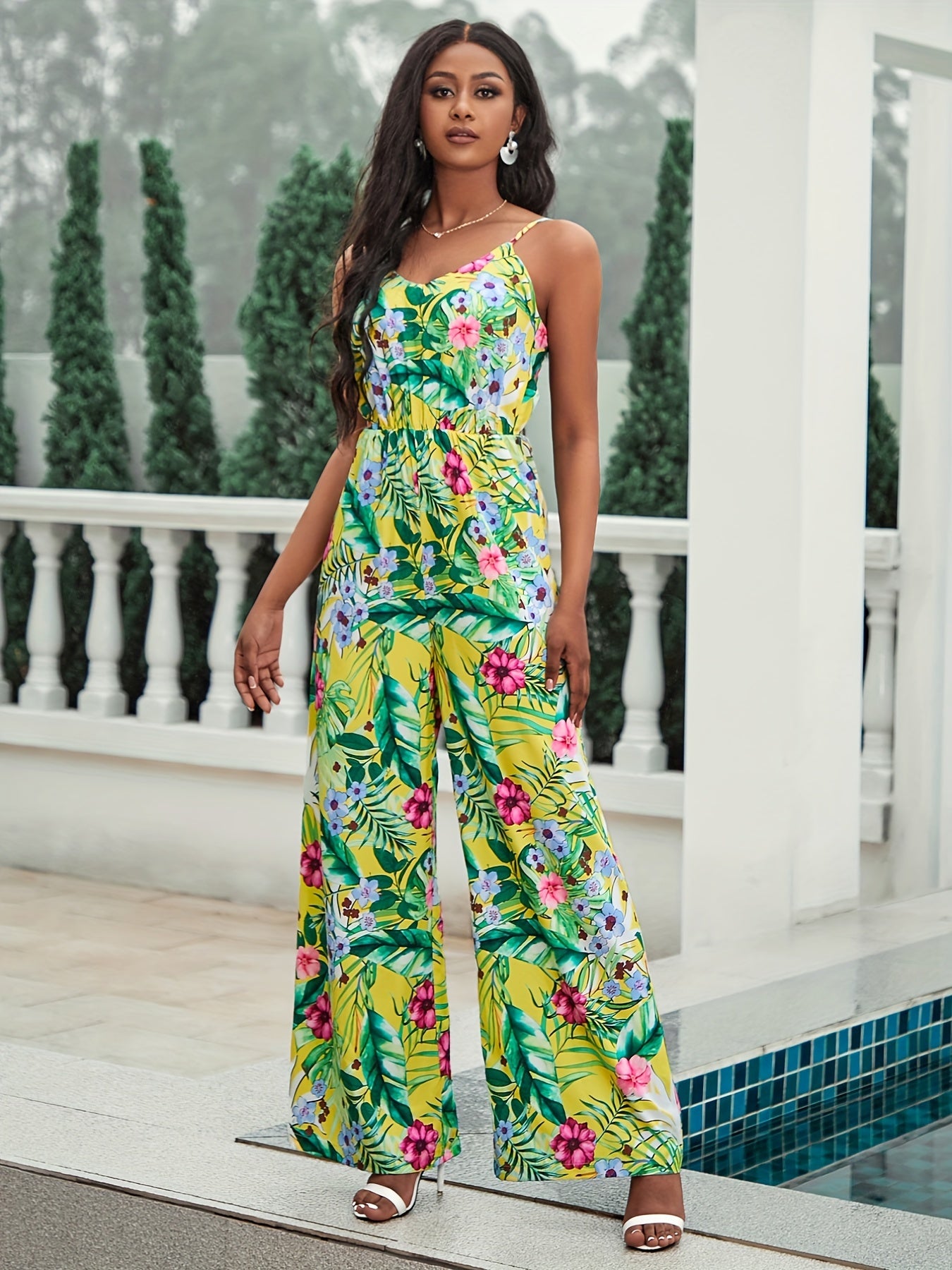 Floral Print Cami Jumpsuit Vacation Wide Leg Sleeveless V Neck Jumpsuit