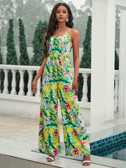 Floral Print Cami Jumpsuit Vacation Wide Leg Sleeveless V Neck Jumpsuit
