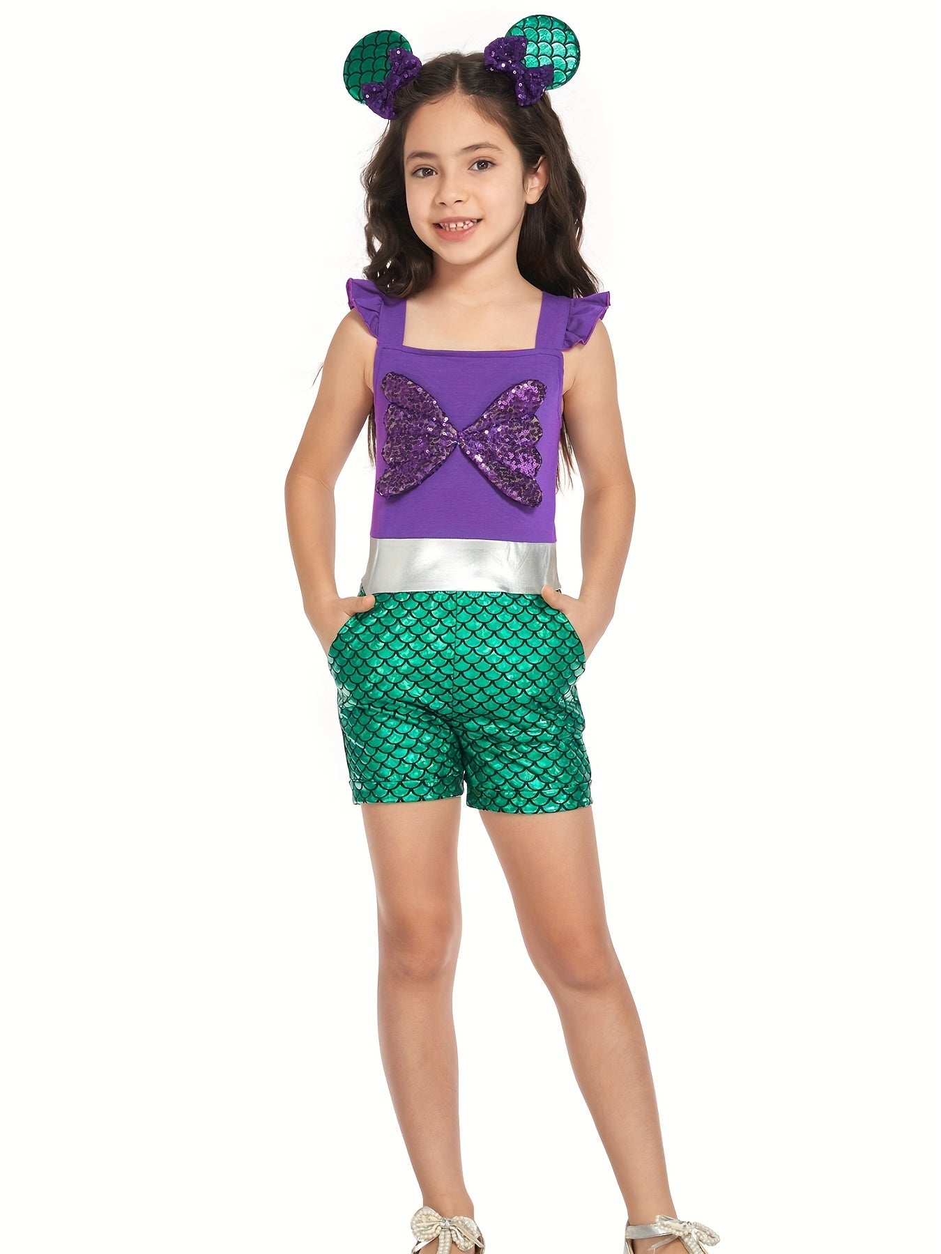 Girls Mermaid Ruffle Sleeve Jumpsuit with Bow Romper for Summer Costume