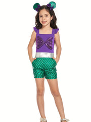 Girls Mermaid Ruffle Sleeve Jumpsuit with Bow Romper for Summer Costume