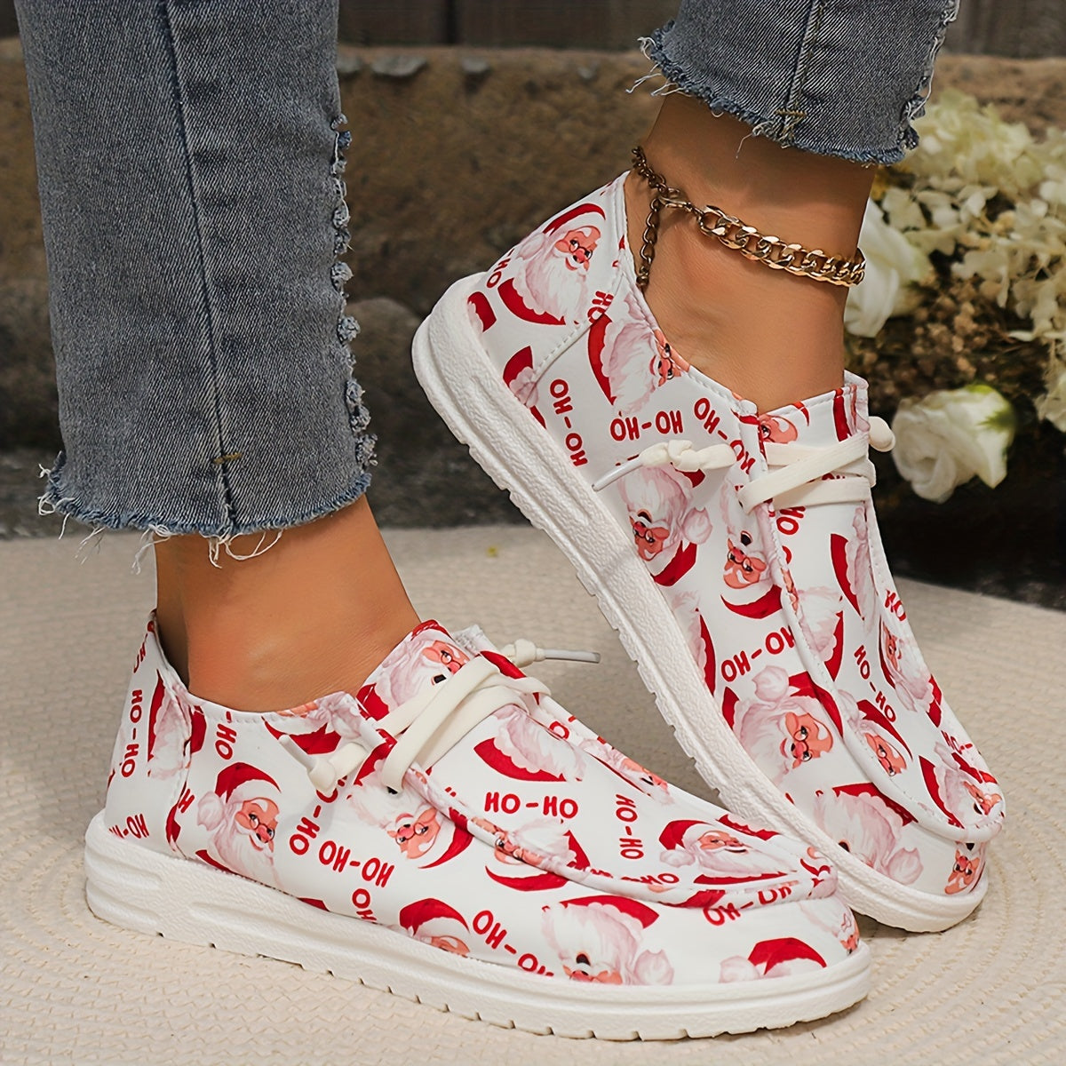 Christmas Santa Print Slip-On Canvas Sneakers Lightweight Loafers Shoes