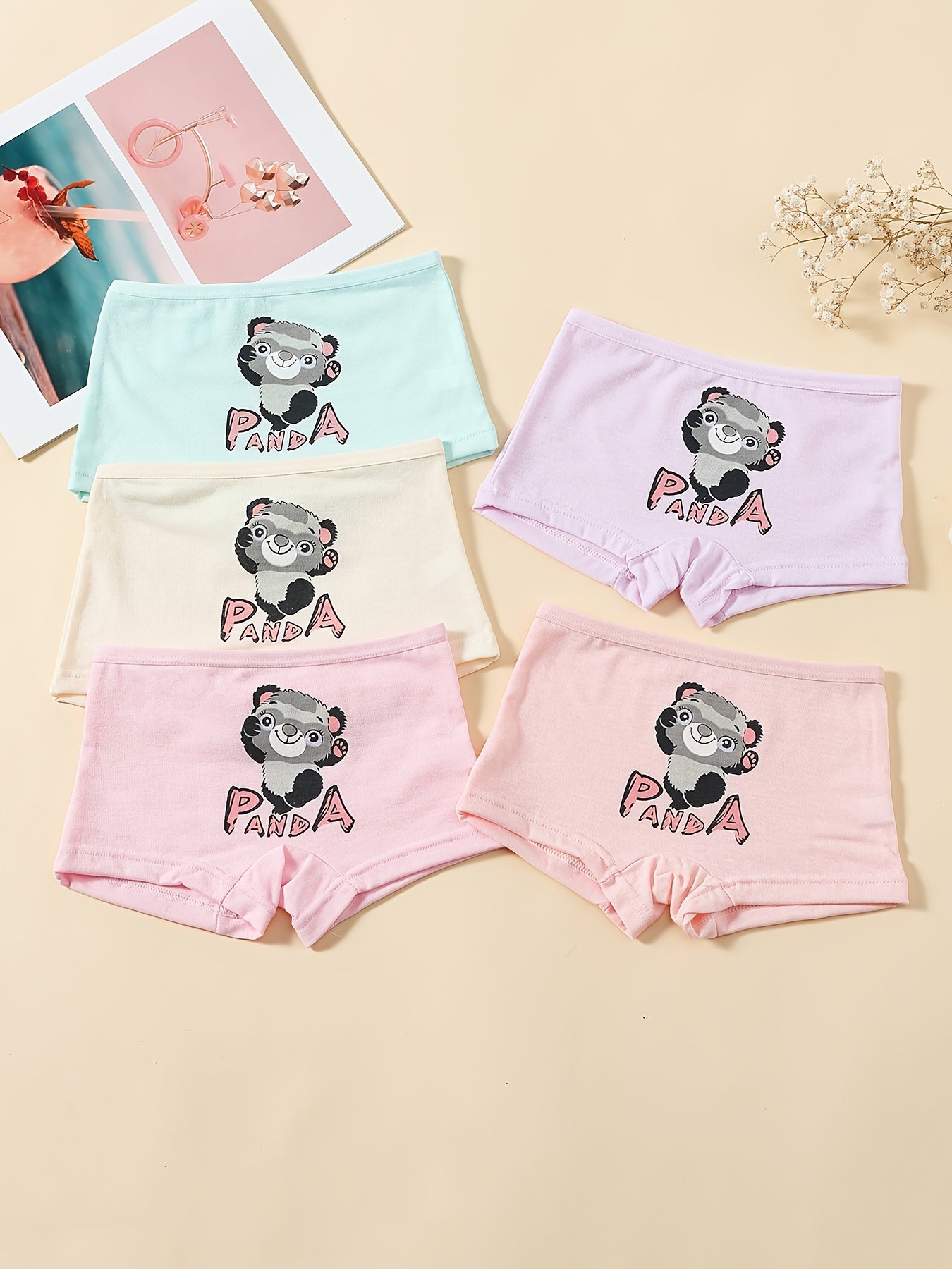 5pcs Girl's Cat Cartoon Underwears Medium Stretch Cotton Panties