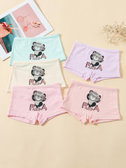 5pcs Girl's Cat Cartoon Underwears Medium Stretch Cotton Panties