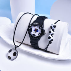 Boys' Football Pattern Sports Watch Set with Bracelet & Necklace