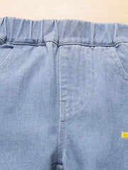 Boys Cartoon Excavator Embroidered Denim Long Pants