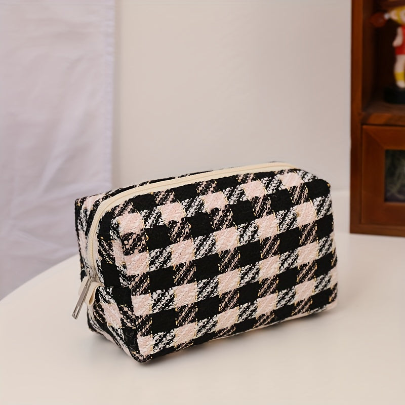 Plaid Pattern Makeup Bag Zipper Pouch Toiletry Organizer Women Girls