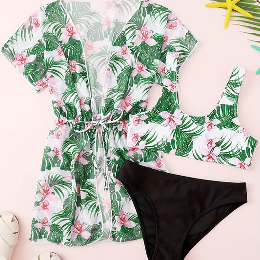 Girl's Floral Tropical Print Bikini Bathing Suit With Kimono