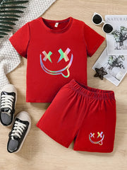 Boys Fun Smile Graphic Print Short Sleeve T-shirt & Shorts Set