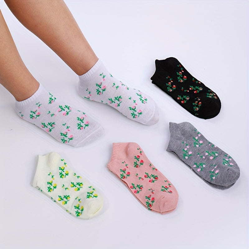 5-Pair Floral Print Socks for Women Soft Lightweight Ankle Stockings