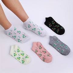 5-Pair Floral Print Socks for Women Soft Lightweight Ankle Stockings