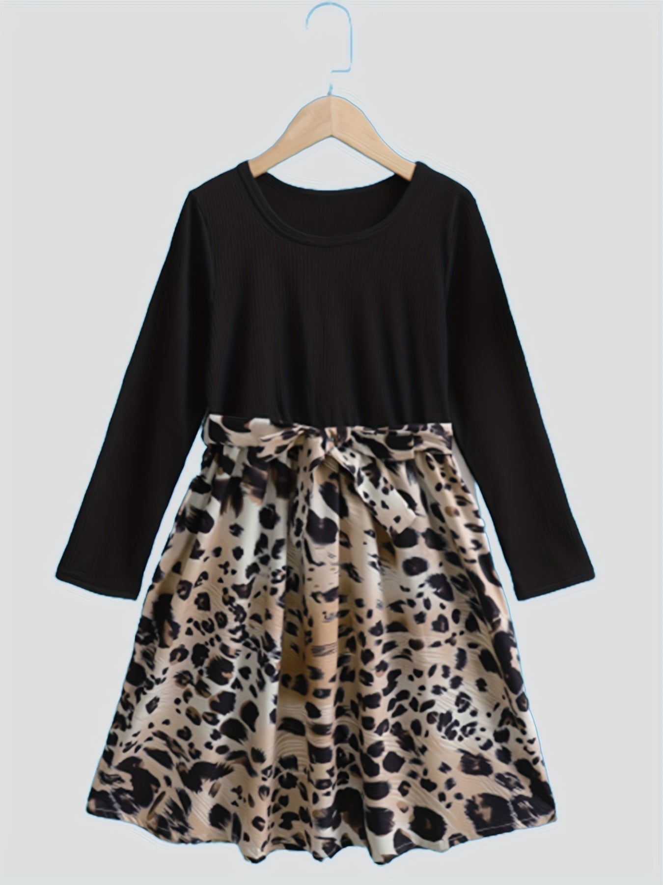 Girls Fall Dress Vintage Leopard Print Long Sleeve Casual Dresses