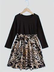 Girls Fall Dress Vintage Leopard Print Long Sleeve Casual Dresses