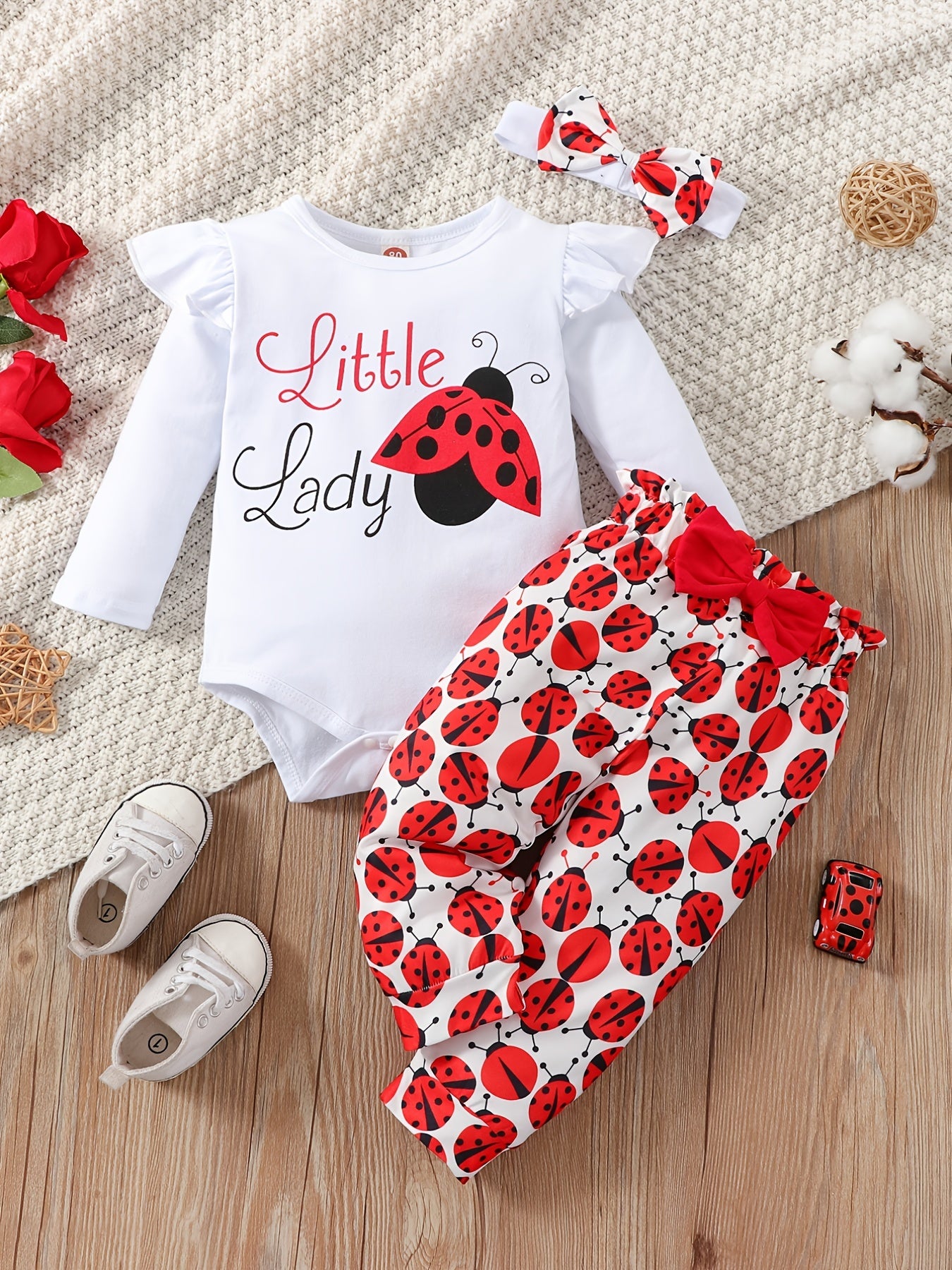 3pcs Newborn Baby Girls Ladybug Cartoon Print Outfit Set