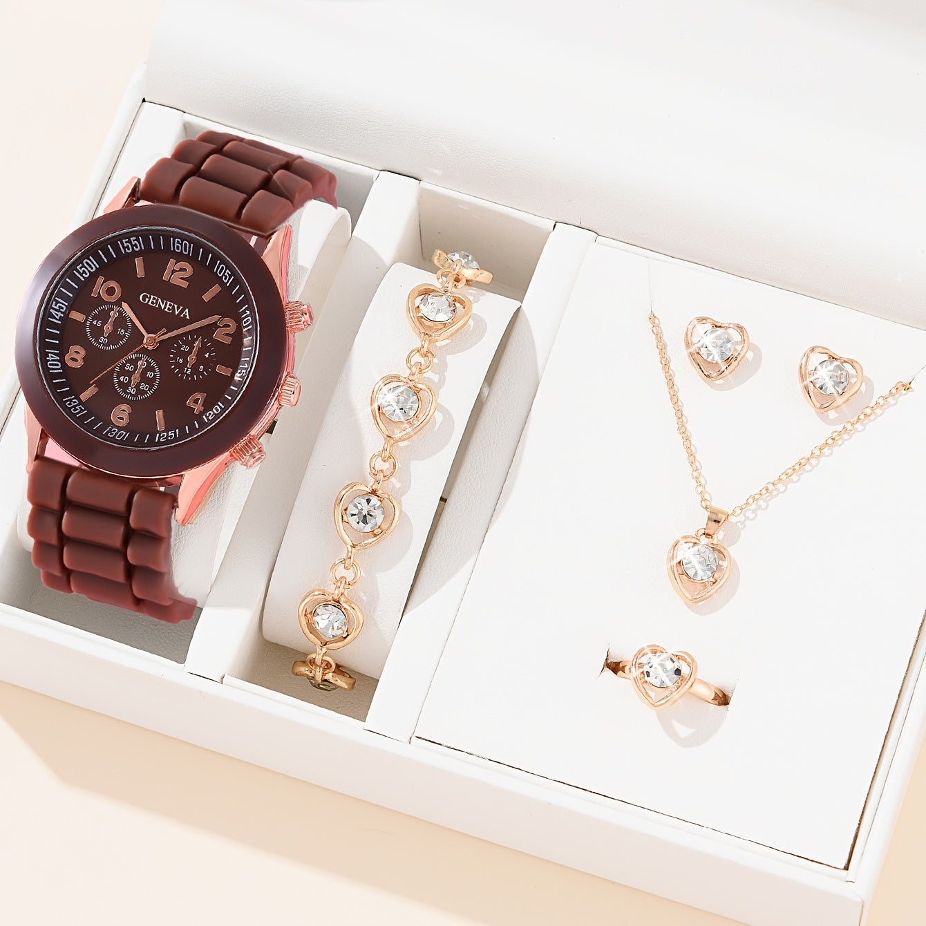 Silicone Quartz Watch & Rhinestone Heart Jewelry Set, Students Gift