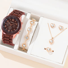 Silicone Quartz Watch & Rhinestone Heart Jewelry Set, Students Gift