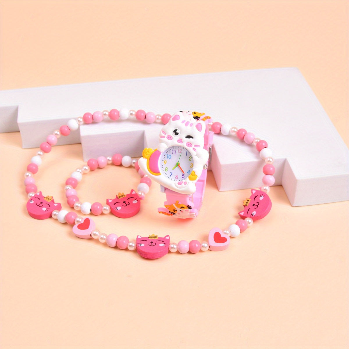 Cat Silicone Strap Quartz Watch with Wooden Necklace and Bracelet Set