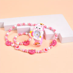 Cat Silicone Strap Quartz Watch with Wooden Necklace and Bracelet Set
