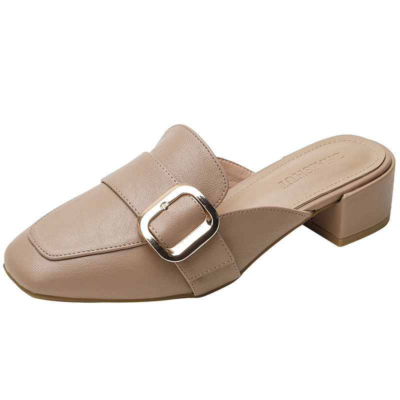 Women's Buckle Belt Flat Mules Square Toe Slip On Slides Sandals