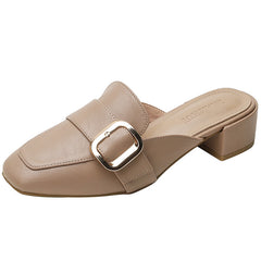 Women's Buckle Belt Flat Mules Square Toe Slip On Slides Sandals