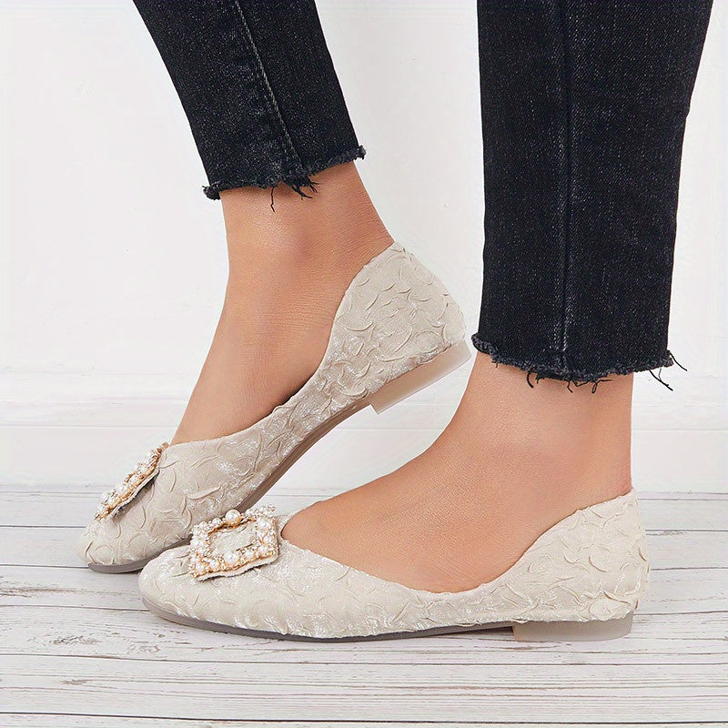 Faux Pearl Ballet Flats Square Toe Slip On Shoes