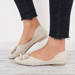 Faux Pearl Ballet Flats Square Toe Slip On Shoes