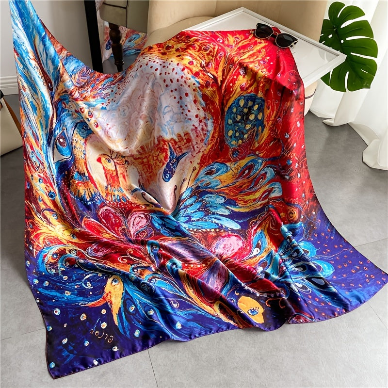 Red & Phoenix Floral Scarf Oil Painting Shawl Vintage Turban