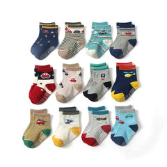 6 Pairs Baby Boys Cartoon Airplane and Car Print Crew Socks