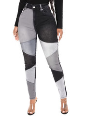 Patchwork Mid Waist Denim Pants Colorblock Stretchy Denim Jeans