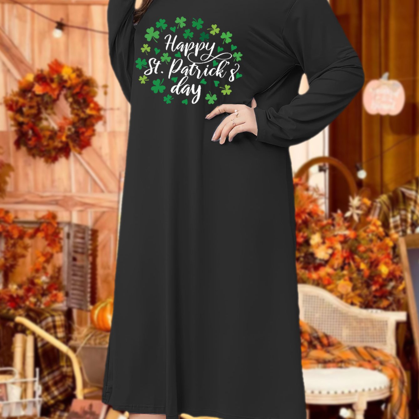 Lounge Dress Women's Letter & Clover Long Sleeve Tee Sleep Dress