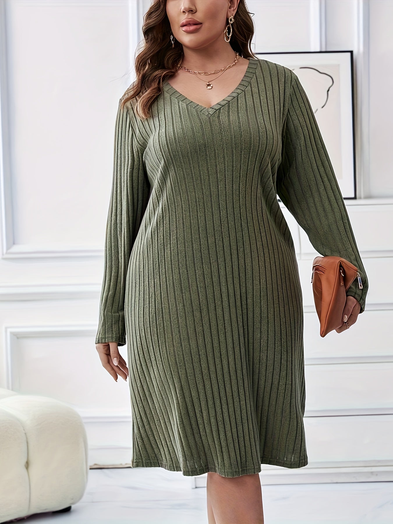 Solid Long Sleeve V Neck Ribbed Knit Sleep Dress