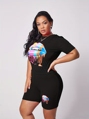 Lips Print Tee & Shorts Set Women's Activewear